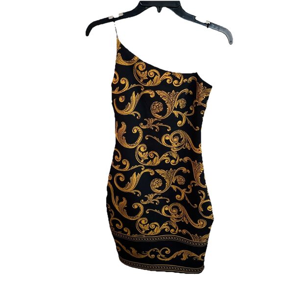 Guess Baroque Italian Black Gold Ponte Mini Party Cocktail XS Asymmetrical Neck - Picture 1 of 7